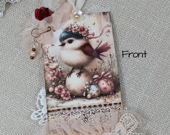 Tagblet- Tag with Tablet, Original "Tagblet" Ephemera, Decorated Junk Journal Lace Tag, Paper Tablet Tag, Bird