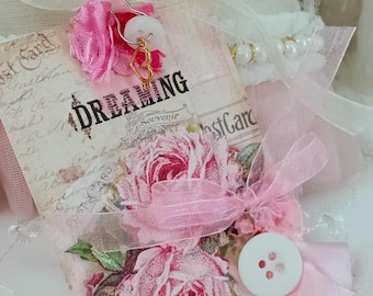 Tag-/ Shabby Chic Rose Dreaming / Embellished Handmade Ephemera / Junk Journaling Scrapbook Tag / Happy Mail / Party Favor