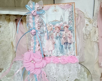 Christmas Carolers Pink Blue / Journal Book PLANNER NOTEBooK Stationery / Shabby Chic Junk Journal / Handmade Lace Journal