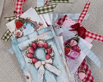 Tag Folio- Tag Book + 3 Mini Journals + 25 Cards Tags + 10 Strawberry Dangles / Stuffed Pocket / Strawberries / Handmade Ephemera