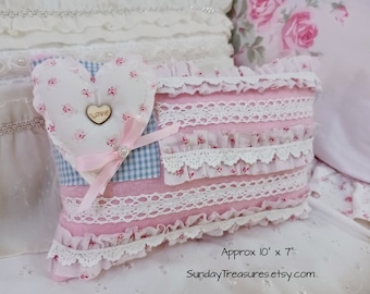 Pink July 4th Flag Pillow with Heart / Feminine Shabby Chic Pink July 4th / Independence Day / Pink Ruffles Flag Pillow /Tiered Tray Decor