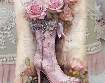 Small Pillow- Vintage Shoe Boot Pillow /  Pink Shabby Chic Roses Decorative Throw Pillow / Home Decor / Gifts For Her