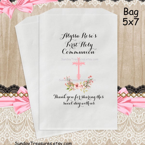 Baptism First Communion / Baptism Christening / 12 PAK Favor Gift Bags / 5x7 / Pink Cross /  Black or Pink & Gold Text / 1 Day Shipping