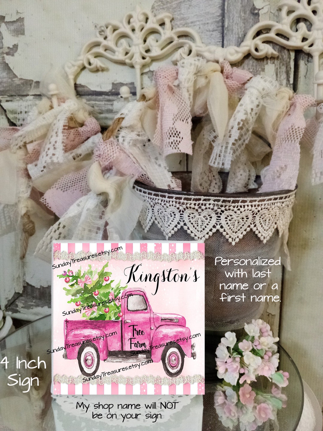 PERSONALIZED Pink Vintage Truck Christmas Sign Plaque Ornament Etsy