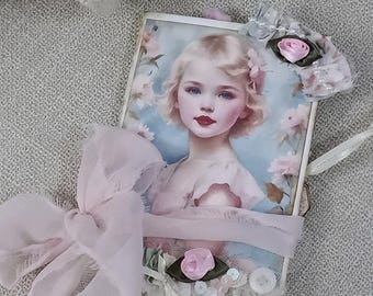 OOAK Tag Pocket Stuffed Folio / 4 Journal Cards & Paper Notepad / Pink Shabby Chic /Junk Journal Insert