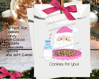 12 PAK / Pink Santa Milk & Cookies Christmas Cookie Favor Bags / Treat Goody Bags / Cookie Exchange / Kids Classroom Teachers Neighbors