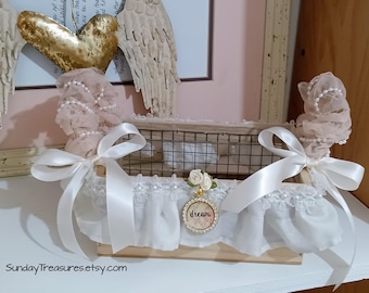 OOAK Basket- Shabby Chic Ivory White Feminine Basket / Images of Vintage Vanities / Home Decor Wedding Decor