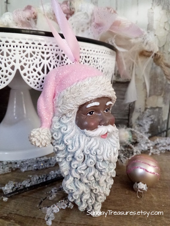Pink African American Santa Shabby Chic Christmas Ornament / Pink Santa Hat  / Ornament Romantic Shabby Pink Christmas Decor -  Finland