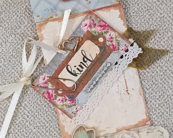 Tags 3 Pc Set Rose -Kind Word Tag + Paper Clip- / Roses / Decorated Embellishments Journal Cards Tags / Shabby Chic / Handmade Ephemera