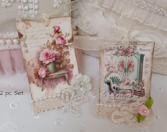 2 Pc Set Tags / Vintage Armoire Roses Tags  / Journaling Cards Junk Journal Tags / Shabby Chic / Handmade Ephemera