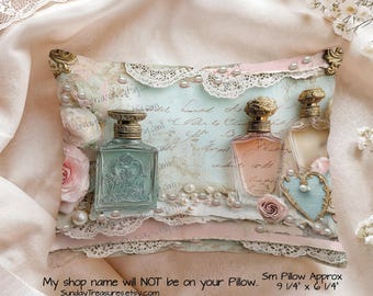 Small Pillow- Perfume Bottles Pillow /  Shabby Chic Decorative Throw Pillow / Home Decor / Gifts For Her