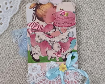 Tag- Retro Birthday Girl Cake Tag / Junk Journal Tag / Pink Blue / Shabby Chic / Handmade Junk Journal / Ephemera / Party Favor