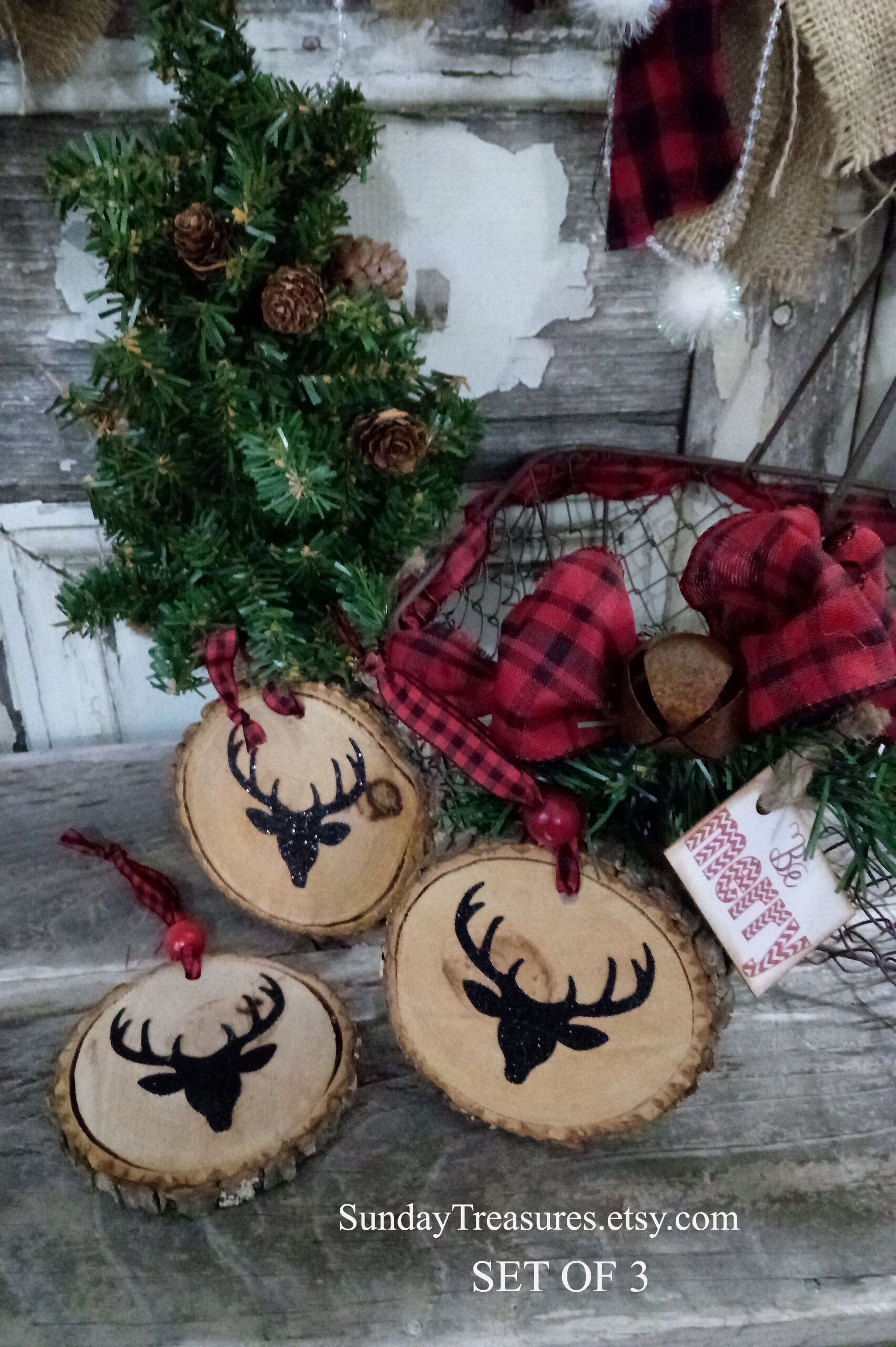 Home & Living Farmhouse Christmas Ornaments Country Christmas Ornaments set of 3 wooden