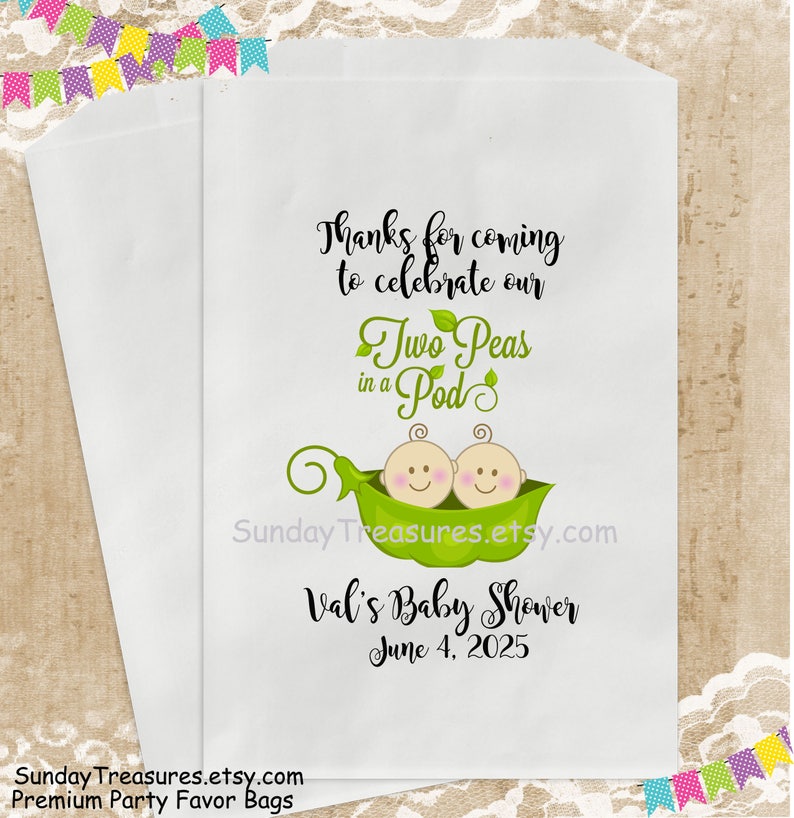 12 PAK Twins Two Peas in a Pod Baby Shower Candy Cookie Party Favor Bags 5x7 Girls Boys or Boy /& Girl Options PERSONALIZED 3 DayShip