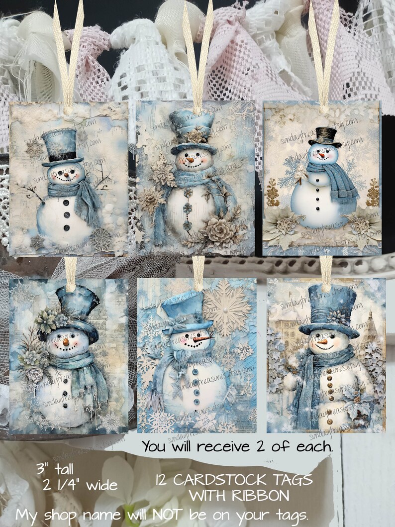 Handmade 12 Tags Blue Snowman Tags / Winter Tags / Blue Christmas Tags