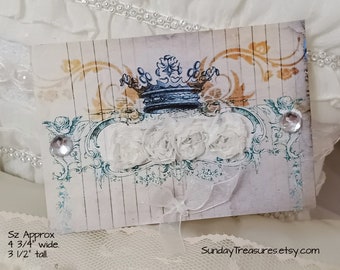 Tag-Handmade Crown Junk Journal Card / Lg 4 3/4" Shabby Chic Gift Card /Tags / Journal Cards / Wedding Birthday Party Favor / Ephemera