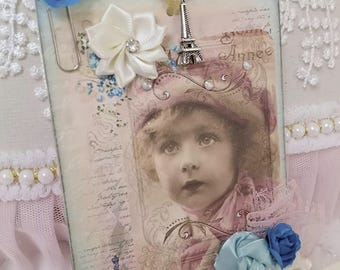Tag Lg 5" / Handmade Vintage Paris Girl Junk Journal Tag Card / Glam Frilly Romantic Shabby Chic Gift Tag / Handmade Ephemera