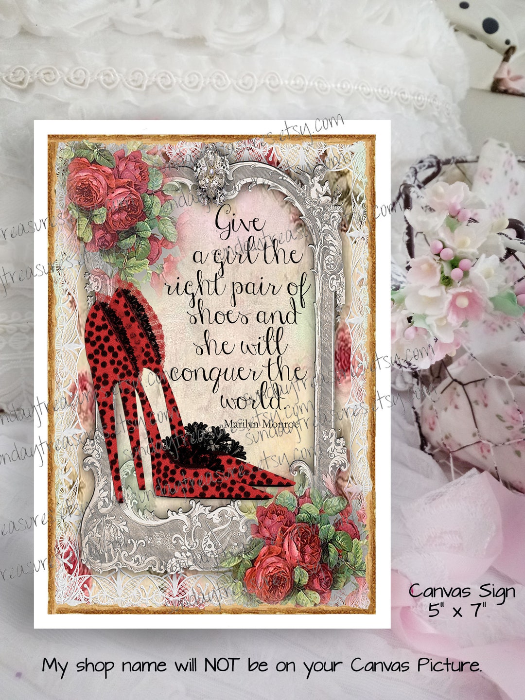 Red High Heel Stilettos Red High Heel Shoes Shabby Garden Roses/ 5x7