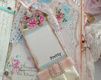 Pink Roses "Pretty" / Shabby Chic Junk Journal Cards Tags / Wedding Bridal Birthday Favor Gift Bag Tags / Handmade Tags