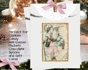 12 PaK Pink Vintage Santa Hot Cocoa Favor Bags / Hot Chocolate Hot Cocoa Packets Favor Bags / Christmas Cookie Candy Favor Treat Bags Sacks