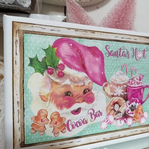 Pink Vintage Santa's Hot Cocoa Bar Gingerbread Pink Candy Canes / 5"x7" Canvas Picture / Sign Wall Hanging Pink Mint Green Christmas Decor