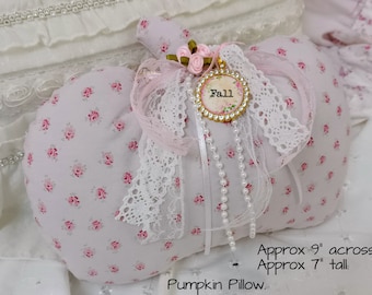 Pink Pumpkin Pink Roses Mini Pillow / Decorative Bed Pillow / Shabby Cottage Farmhouse Chic / Fall Thanksgiving / Frilly Romantic Feminine