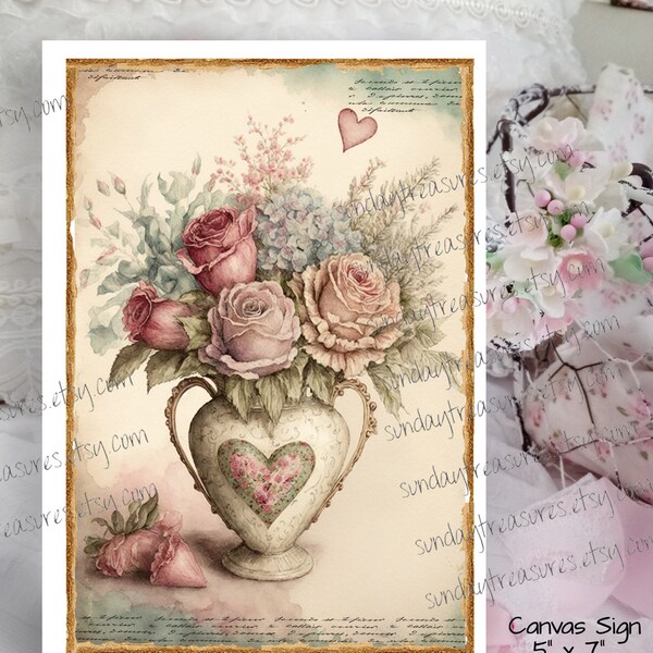 Shabby Chic Roses in Vase with Pink Heart 5x7 Canvas Sign Picture / Shabby Chic Feminine Romantic Wall Art / FREE SHIPPING