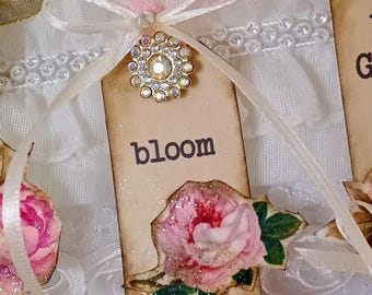 Tag-/ Shabby Chic Rose Bloom / Embellished Handmade Ephemera / Junk Journaling Scrapbook Tag / Happy Mail / Party Favor