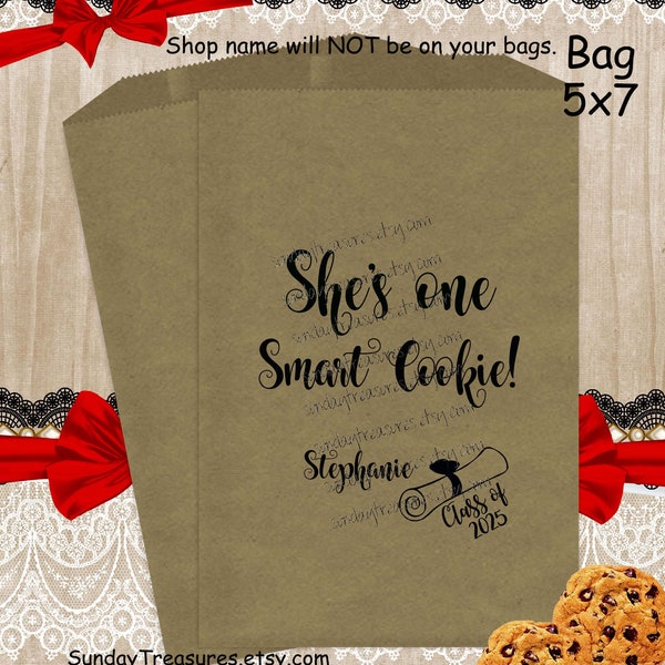 Free Shipping / 50 Pak Graduation Favor Bags / He's She's One Smart Cookie  / 5x7 Brown Kraft / Cookie Bar / Personalized / 1 Day Ship