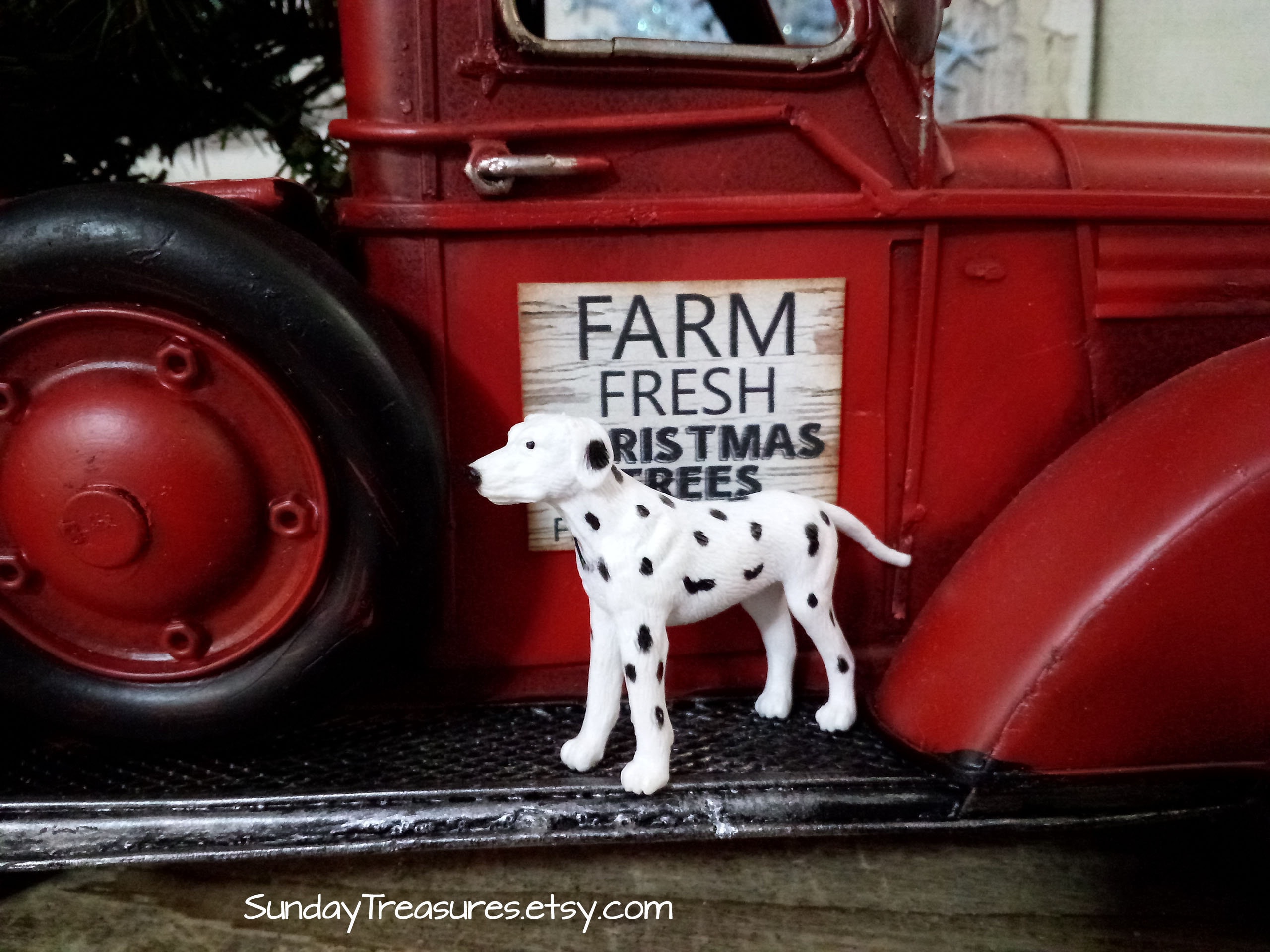 Christmas Farm Truck Centerpiece Farmhouse Arrangement  Personalized Vintage Red Metal Truck with Christmas Tree & Doberman Pinscher Dog