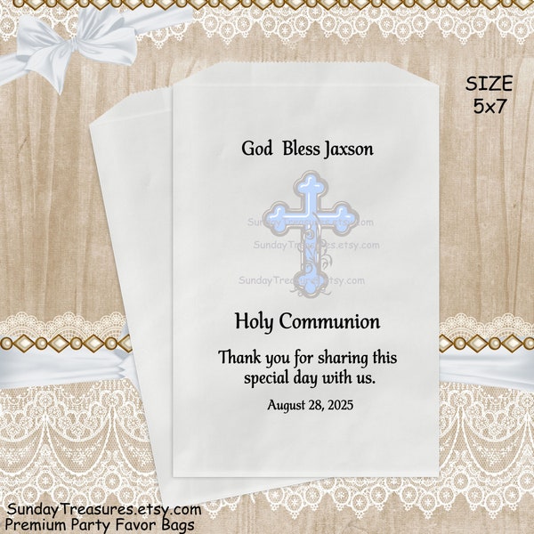 Baptism First Communion / Baptism Christening / 10 PAK Favor Gift Bags / 5x7 / Pink or Blue Silver Grey Cross / Girl Boy / PERSONALIZED