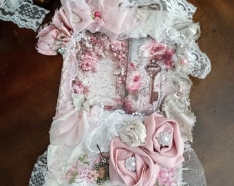 OOAK- 8" Blank Book Notepad Tablet Journal / Vintage Key Shabby Roses Lace Bling / Heavily Embellished Handmade Ephemera