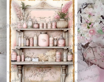 Pink Shabby Vintage Bottles and Jars Wall Art / Shabby Chic Cottage Farmhouse / 5x7 Canvas Sign Picture Wall Hanging Decor / FREE SHIPPING