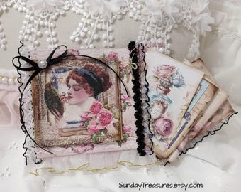 Tags Stuffed Folio Pocket Journal Cards Notecard / Pink Shabby Chic /Junk Journal Insert / Jane Austen