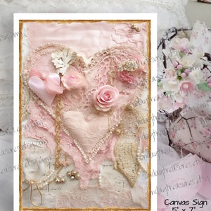 Shabby Chic Luscious Glam Bling Heart Pink Rose  5x7 Canvas Sign Picture / Shabby Chic Feminine Romantic Wall Art