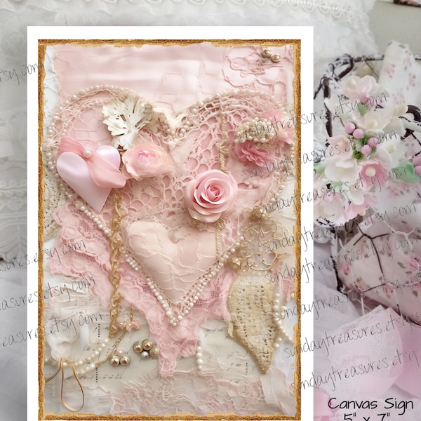 Shabby Chic Luscious Glam Bling Heart Pink Rose  5x7 Canvas Sign Picture / Shabby Chic Feminine Romantic Wall Art / FREE SHIPPING