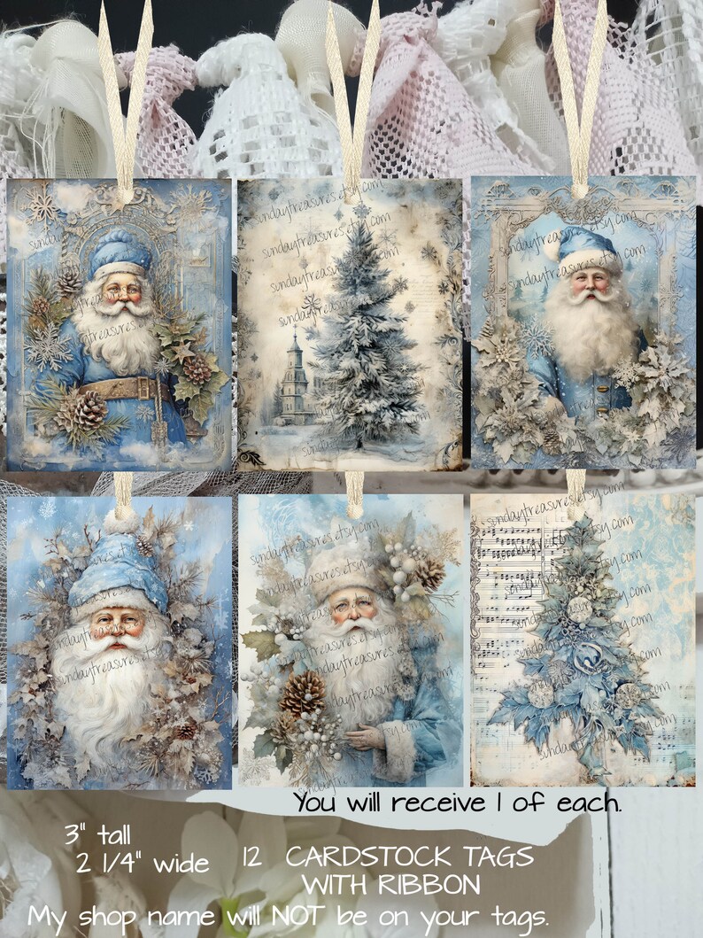 Handmade 12 Tags Blue Santa Blue Christmas Trees Ornament / Favor Gift