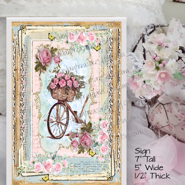 Pink Bike Pink Garden Roses 5x7 Canvas Sign Picture / Shabby Chic Feminine Romantic Wall Art / Gifts For Her / FREE SHIPPING