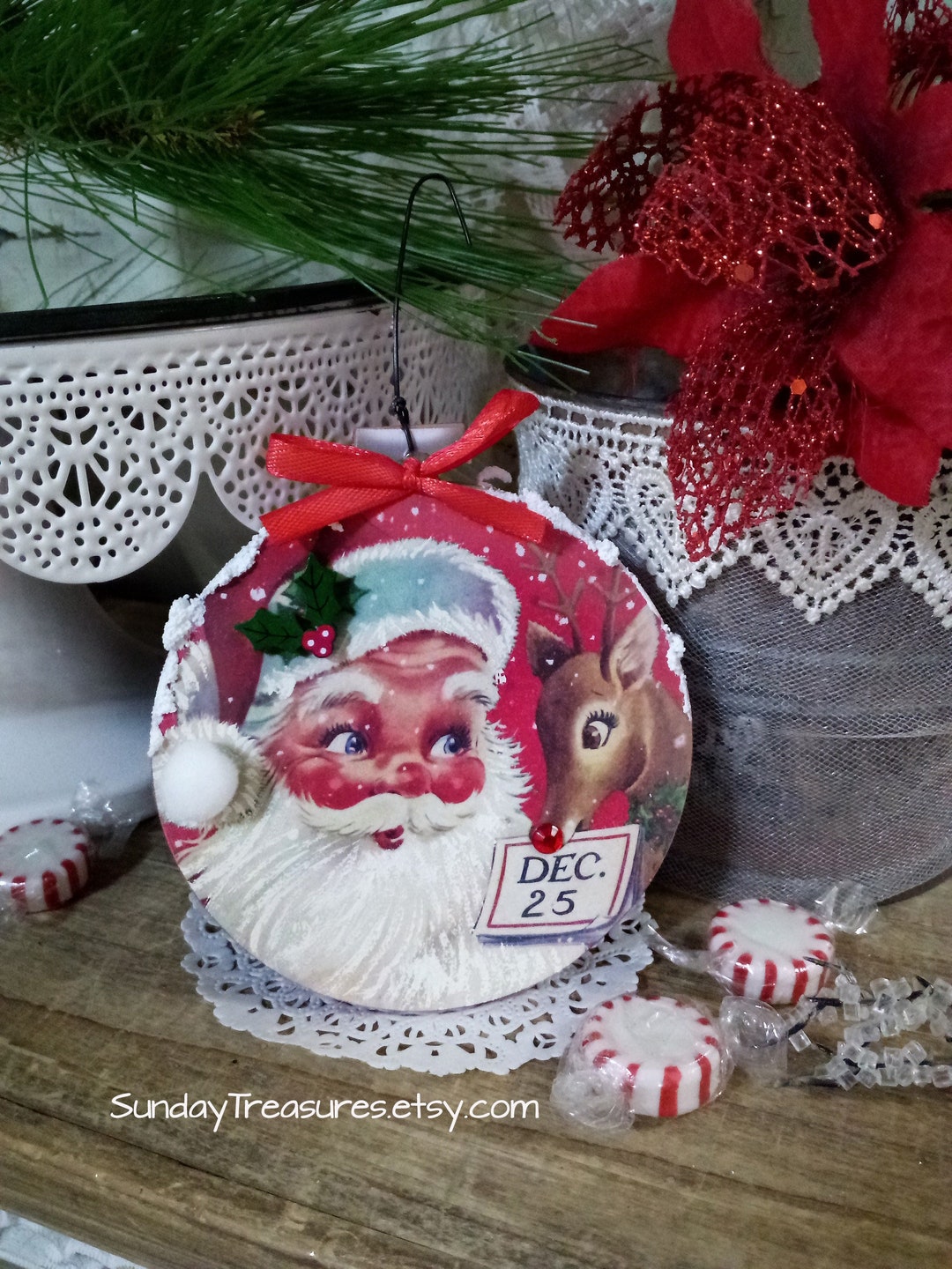 Vintage Santa With Rudolph the Red Nosed Reindeer / Christmas Ornament ...