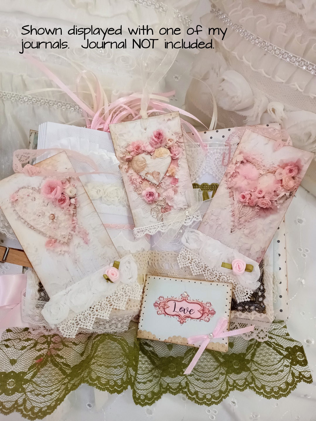 5 Pc Set Pink and White Hearts, 1 Mini Envelope Junk Journal Tags ...