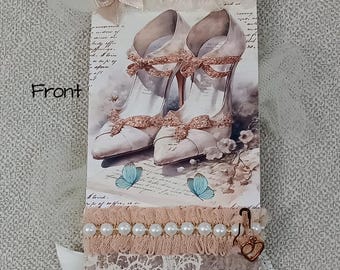 Tagblet- Tag with Tablet, Original "Tagblet" Ephemera, Decorated Junk Journal Lace Tag, Paper Tablet Tag, High Heel Shoes