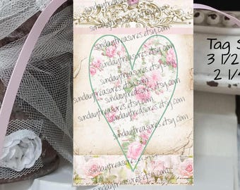 Tags- Handmade Tags 6 Pc  Heart / Birthday Wedding Favor Bag Gift Hang Tags / Romantic Feminine Shabby Chic / Junk Journal Cards / Ephemera