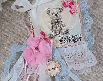 OOAK Journal Notebook- Teddy Bear Book  / Pink Shabby Roses / Pink Shabby Chic Junk Journal / Book Booklet / Handmade