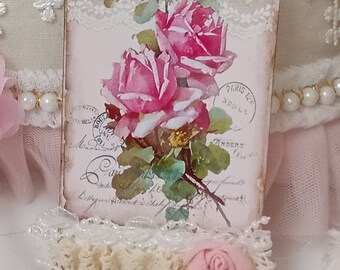 Pink Shabby Garden Rose Tag / Junk Journal Tag  / Shabby Cottage Chic Wedding Gift Tag / Romantic Feminine / Handmade Ephemera