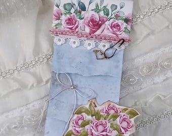 6" Paper Notepad Paper Tablet / Pink Roses Blue Pages /Handmade Scrapbook Ephemera for Junk Journals / Happy Mail
