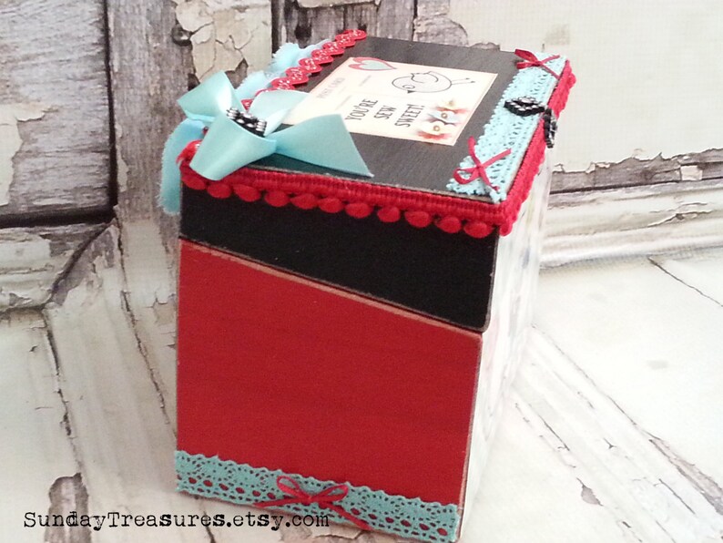 Vintage Sewing Girl Wood Sewing Box Seamstress 4x6 Box Craft Thread Ribbon Box Organizing Storage Ready To Ship