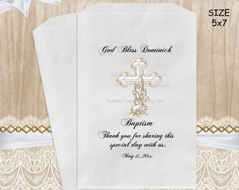 Baptism First Communion / Baptism Christening / 12 PAK Favor Gift Bags / 5x7 White Gold Cross / Boy Girl / PERSONALIZE / 1 Day Ship