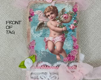 Tagblet- Tag with Tablet, Original "Tagblet" Ephemera, Decorated Junk Journal Lace Tag, Paper Tablet Tag, Vintage Cherub Journal