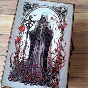 Gepersonaliseerde zwarte magische tarotkaartdoos Donkergotische houten aandenkendoos Hekserijdoos Tarotkaarthouder
