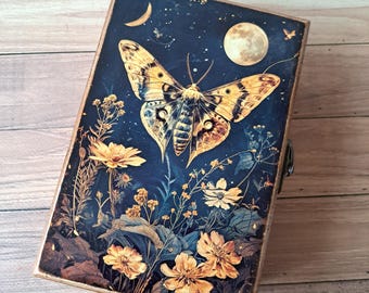 Personalized Moth Tarot Card Box, Celestial Wooden Keepsake